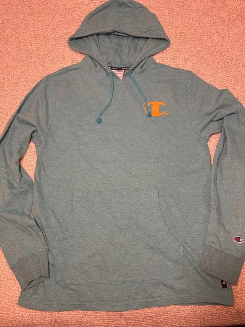 Champion Men's Hooded Pullover Sweatshirt - Teal with Orange Logo